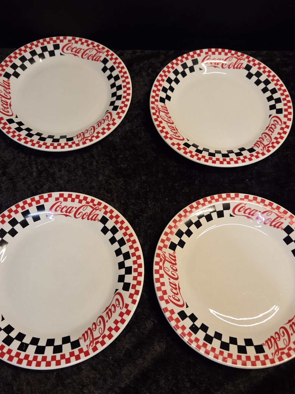 Vtg 1996 Gibson Red, White, and Black Checkered Coca Cola Dinner Plates Set of 4